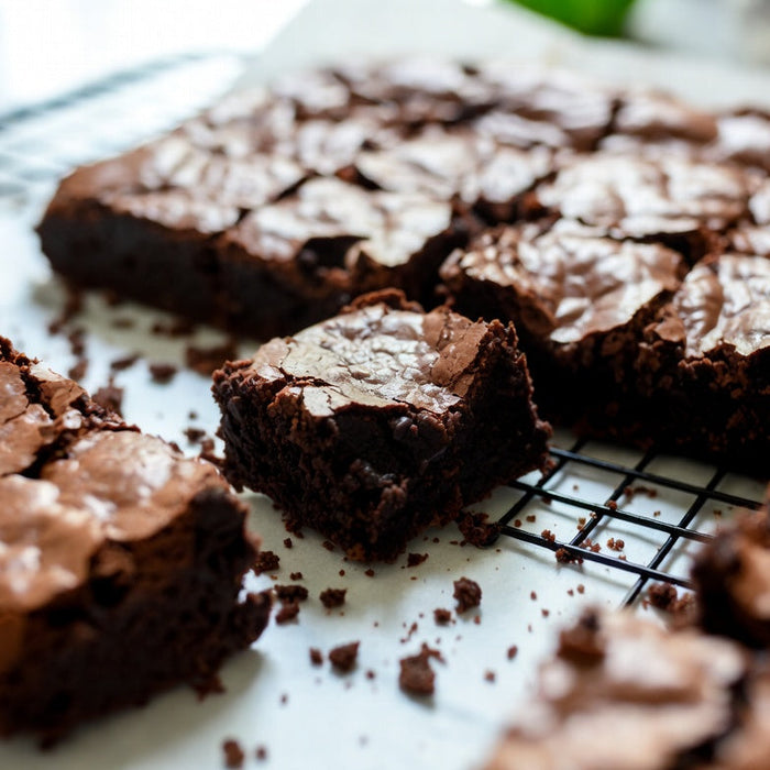 Fudgy chocolate brownies cooling on a rack with crisp crackly tops
