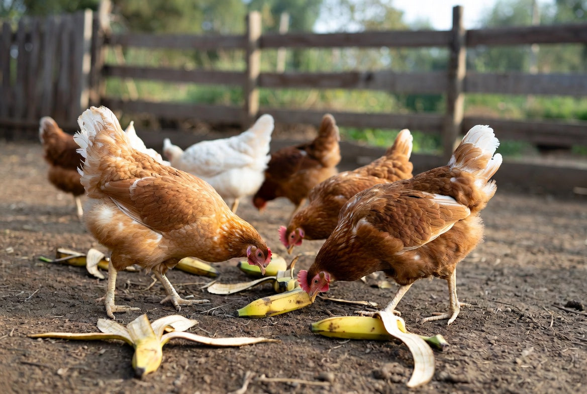 Chickens pecking banana peels scattered across a sunny farmyard area