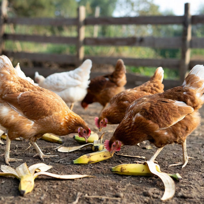 Chickens pecking banana peels scattered across a sunny farmyard area