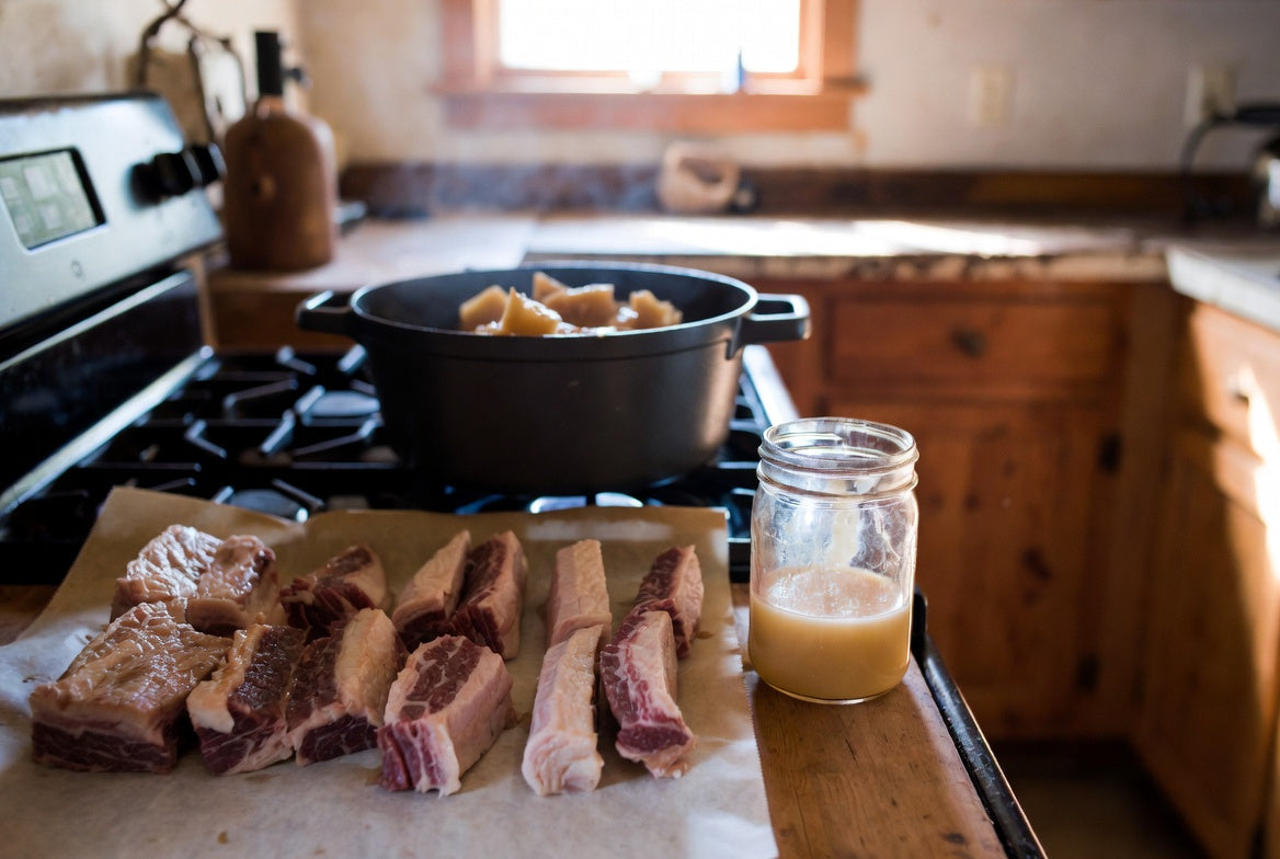 Beef tallow rendering with raw beef fat and jar on rustic stove top
