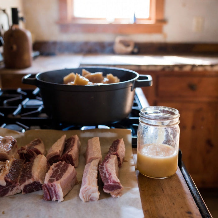 Beef tallow rendering with raw beef fat and jar on rustic stove top