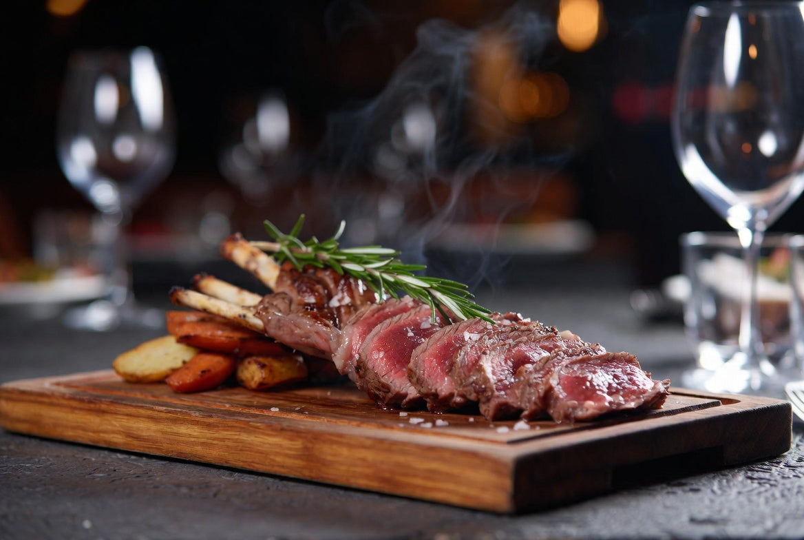 Medium-rare lamb rack sliced on board with rosemary and vegetables