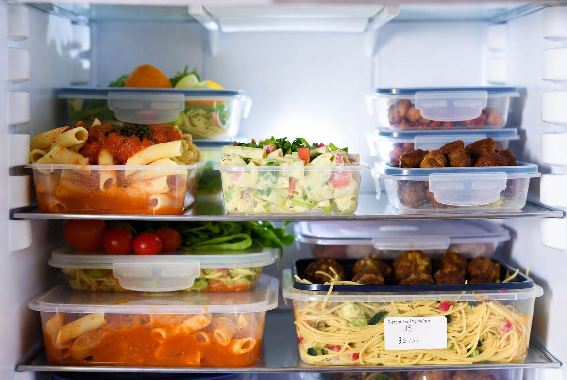 Cooked pasta leftovers stored in airtight containers inside refrigerator