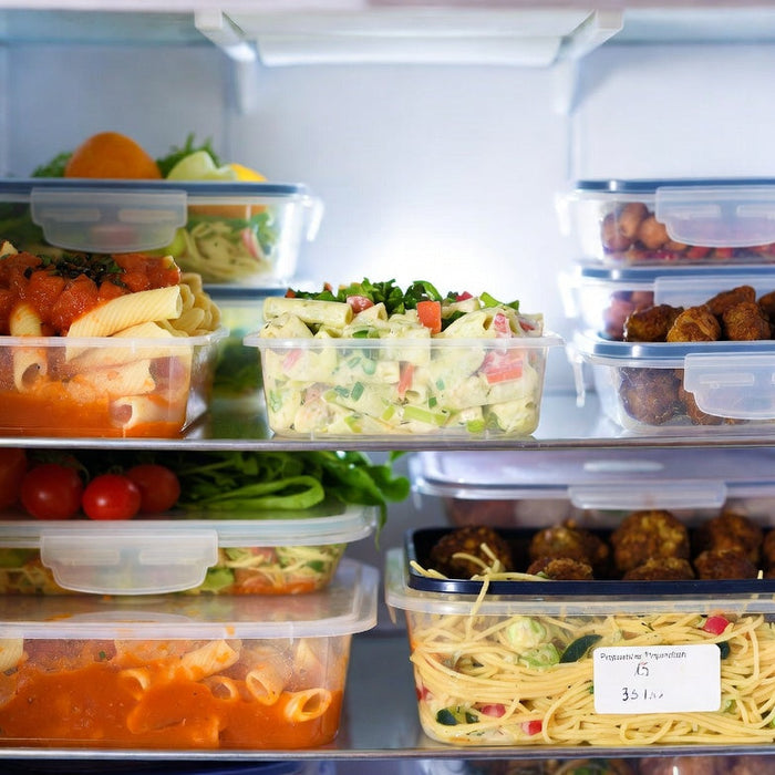Cooked pasta leftovers stored in airtight containers inside refrigerator