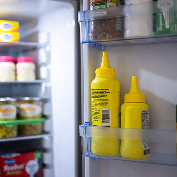 Mustard bottles stored on refrigerator door shelf