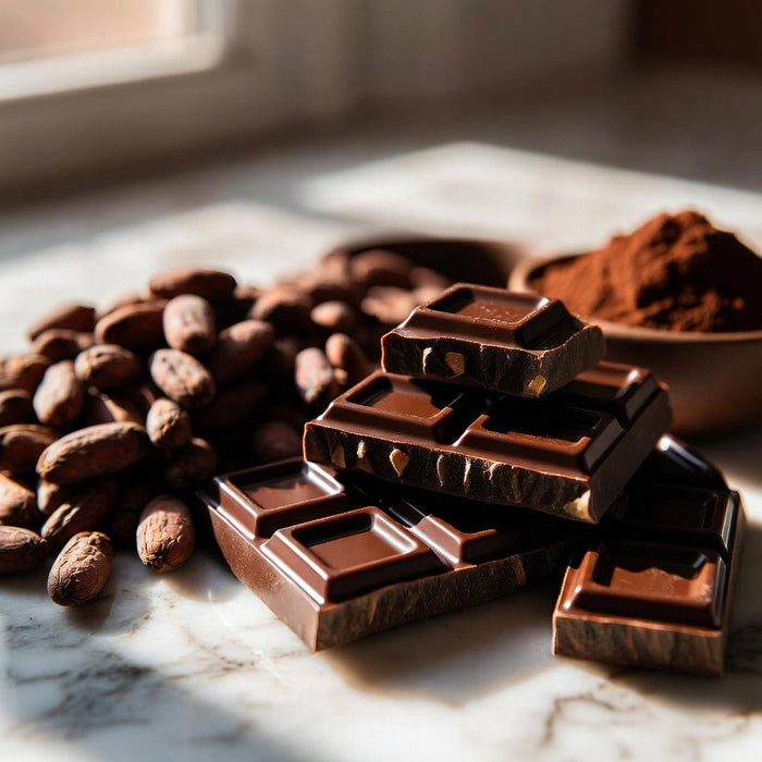 Dark chocolate bars with cocoa beans and cocoa powder on marble