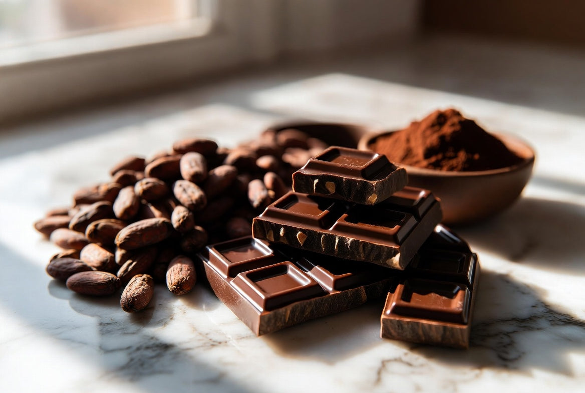 Dark chocolate bars with cocoa beans and cocoa powder on marble