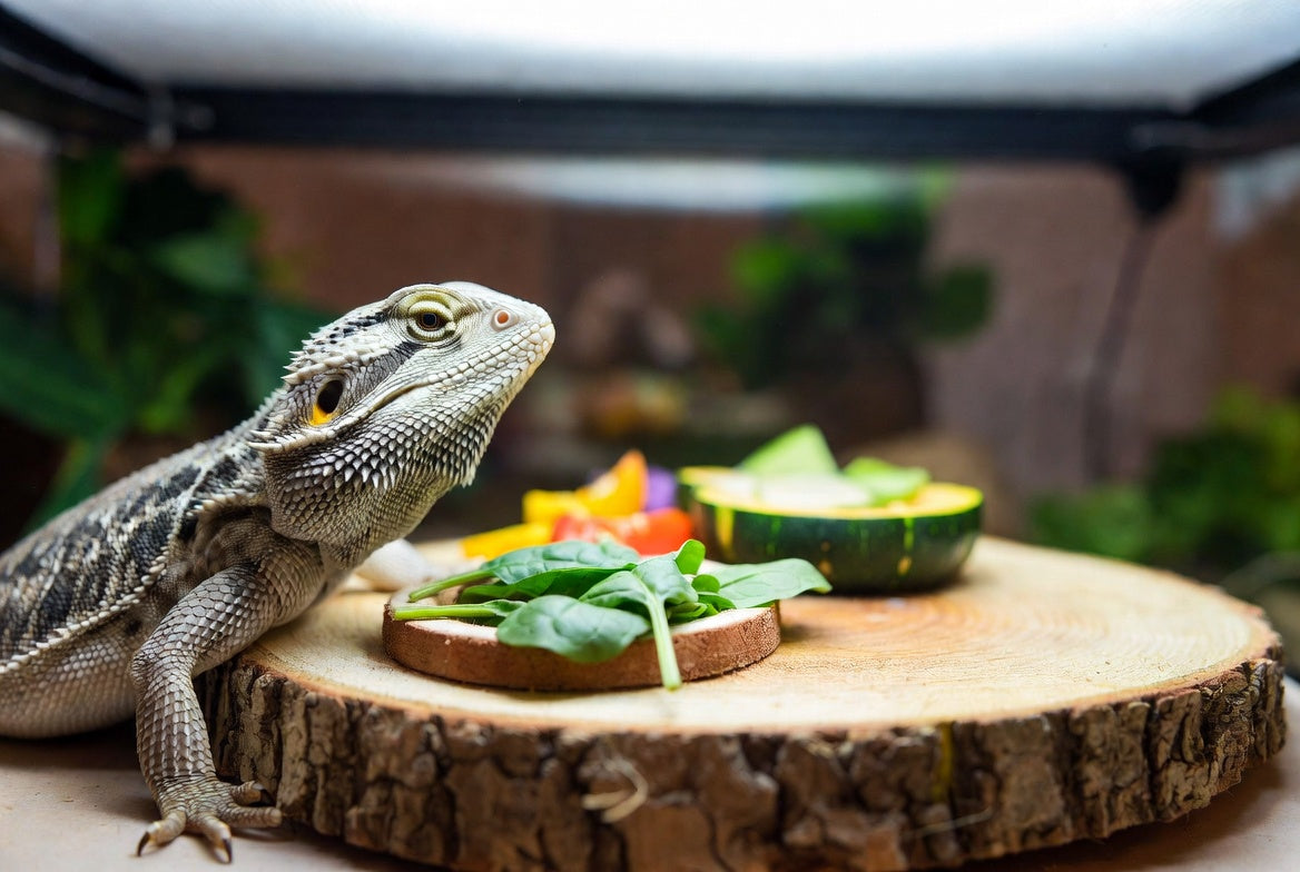 Bearded dragon beside fresh spinach leaves on a wooden feeding tray