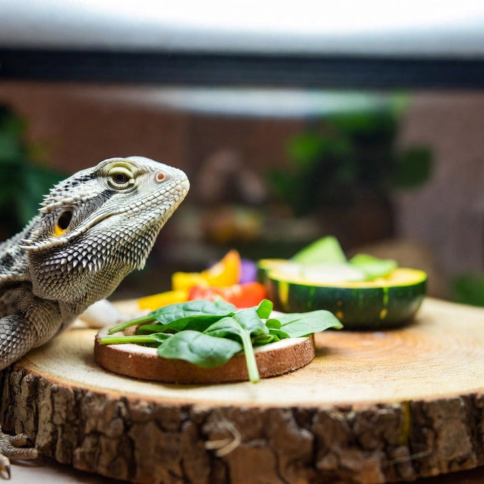 Bearded dragon beside fresh spinach leaves on a wooden feeding tray