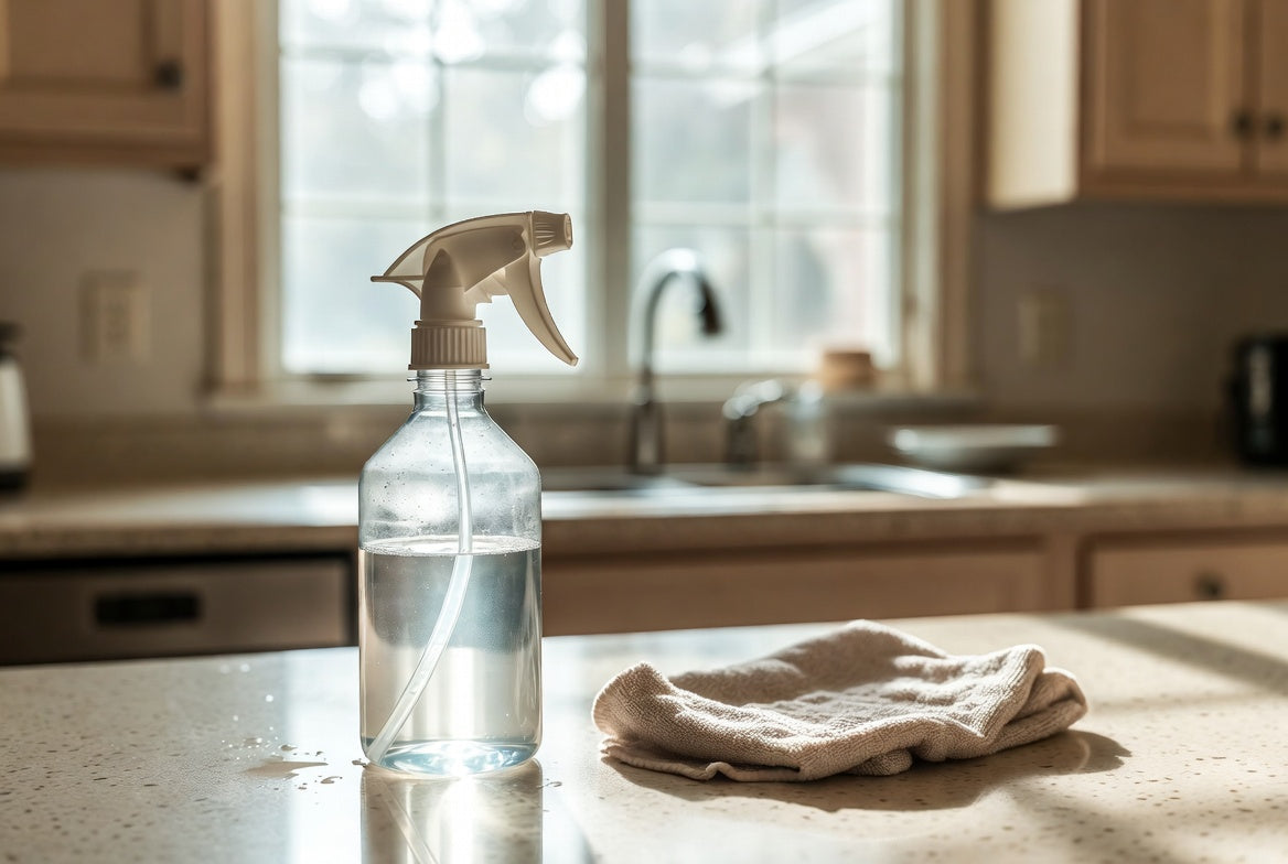 Spray bottle of clear vinegar cleaner on bright sunlit kitchen counter