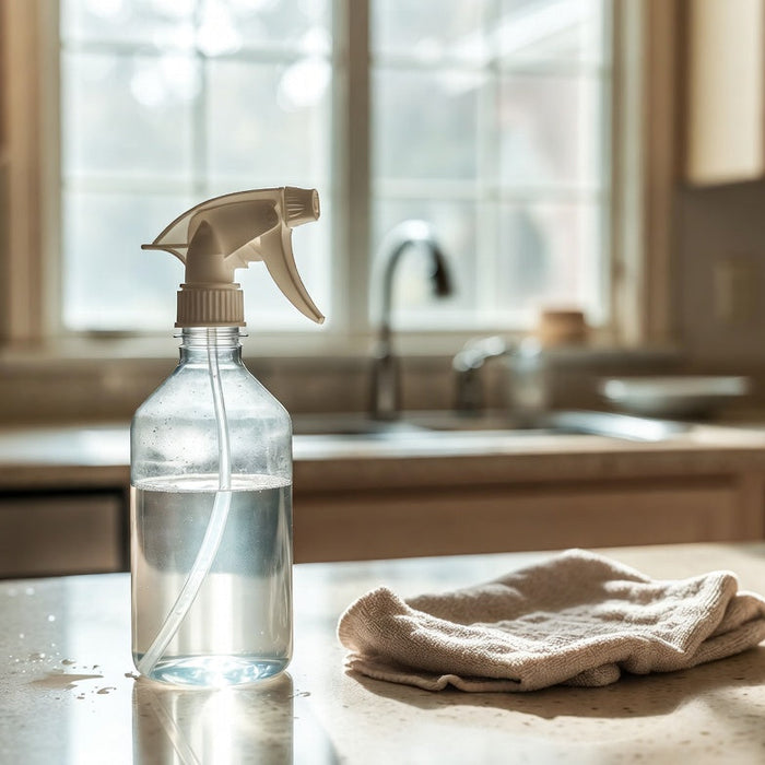 Spray bottle of clear vinegar cleaner on bright sunlit kitchen counter