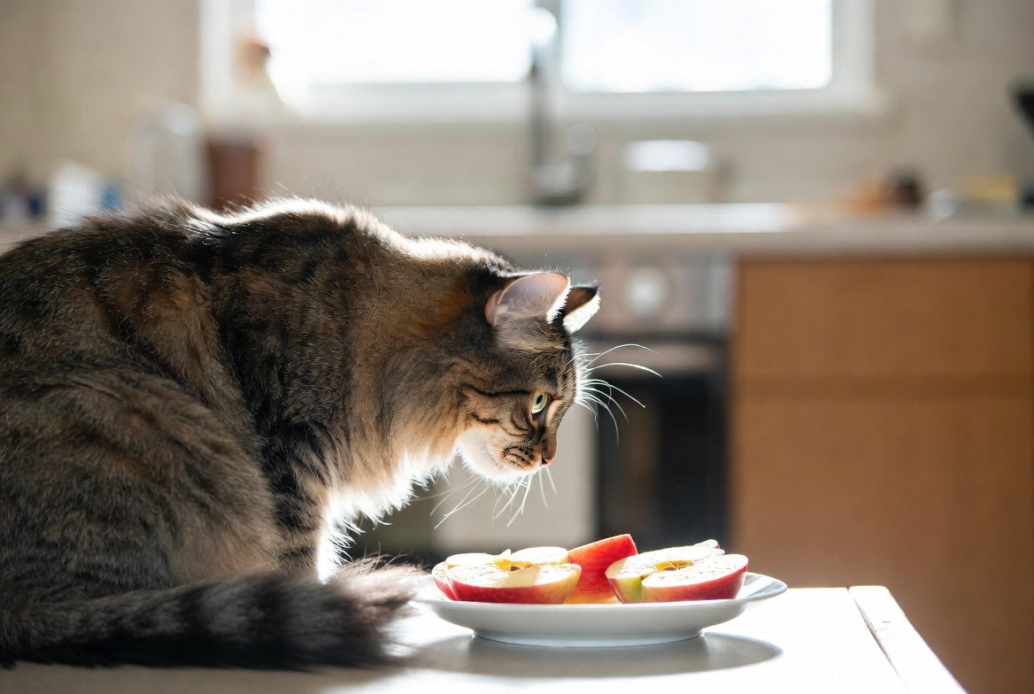 Cat sniffing fresh apple slices on a bright kitchen counter
