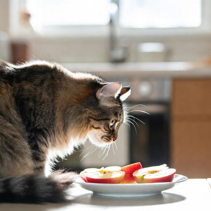 Cat sniffing fresh apple slices on a bright kitchen counter