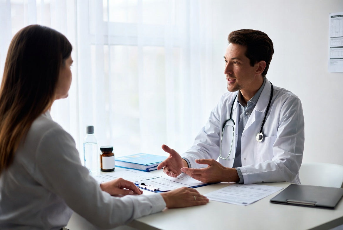 Doctor discussing peptide treatment effectiveness with female patient