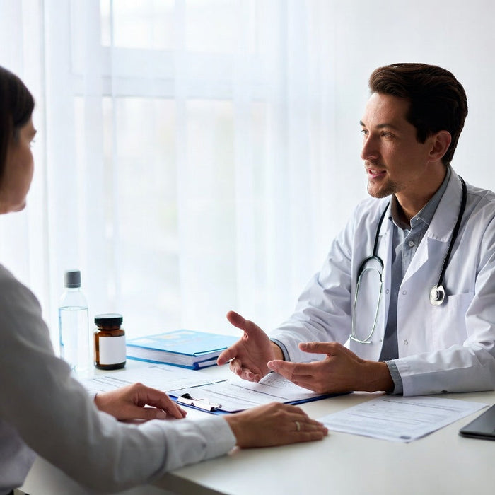 Doctor discussing peptide treatment effectiveness with female patient