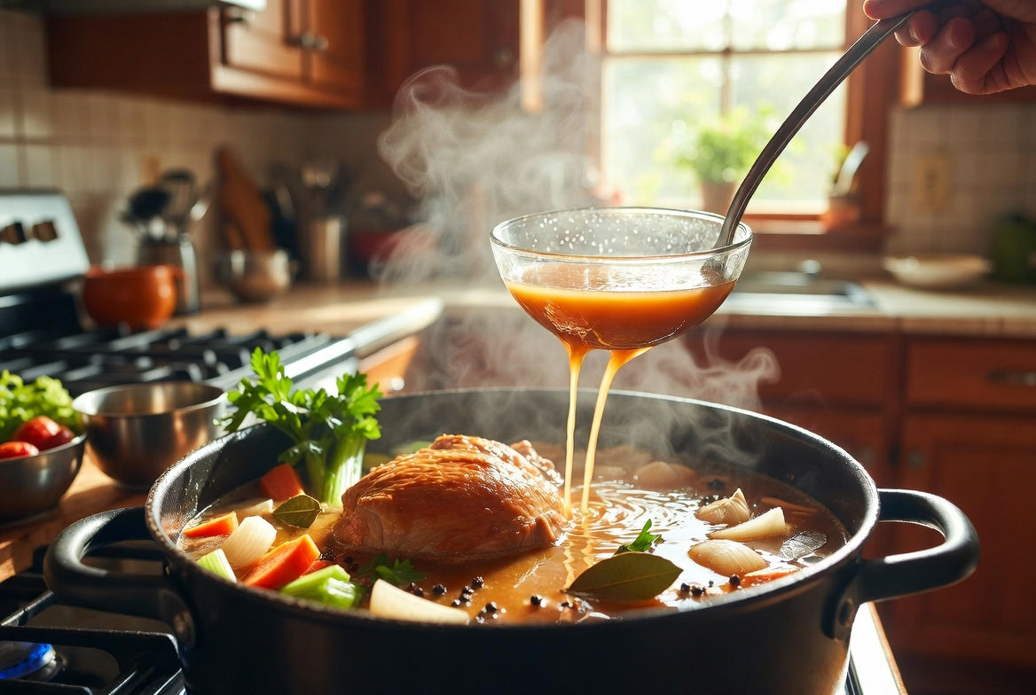 Homemade chicken broth simmering with vegetables in a large stockpot