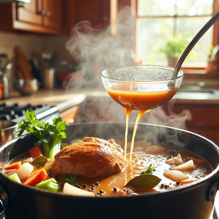 Homemade chicken broth simmering with vegetables in a large stockpot