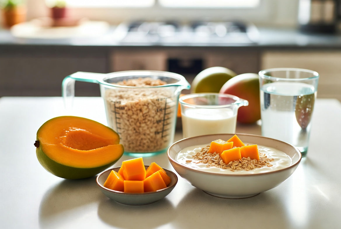 Fresh mango with yogurt and oats for a healthy daily serving guide