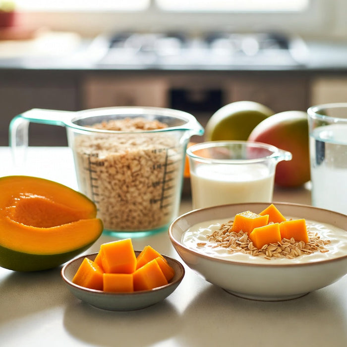 Fresh mango with yogurt and oats for a healthy daily serving guide