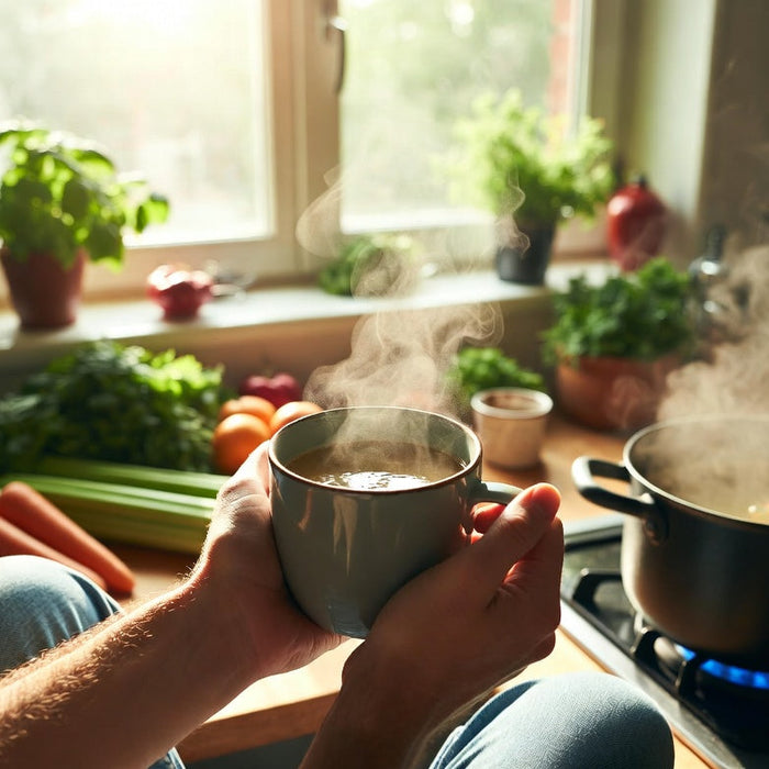 Person holding steaming mug of bone broth beside simmering pot.