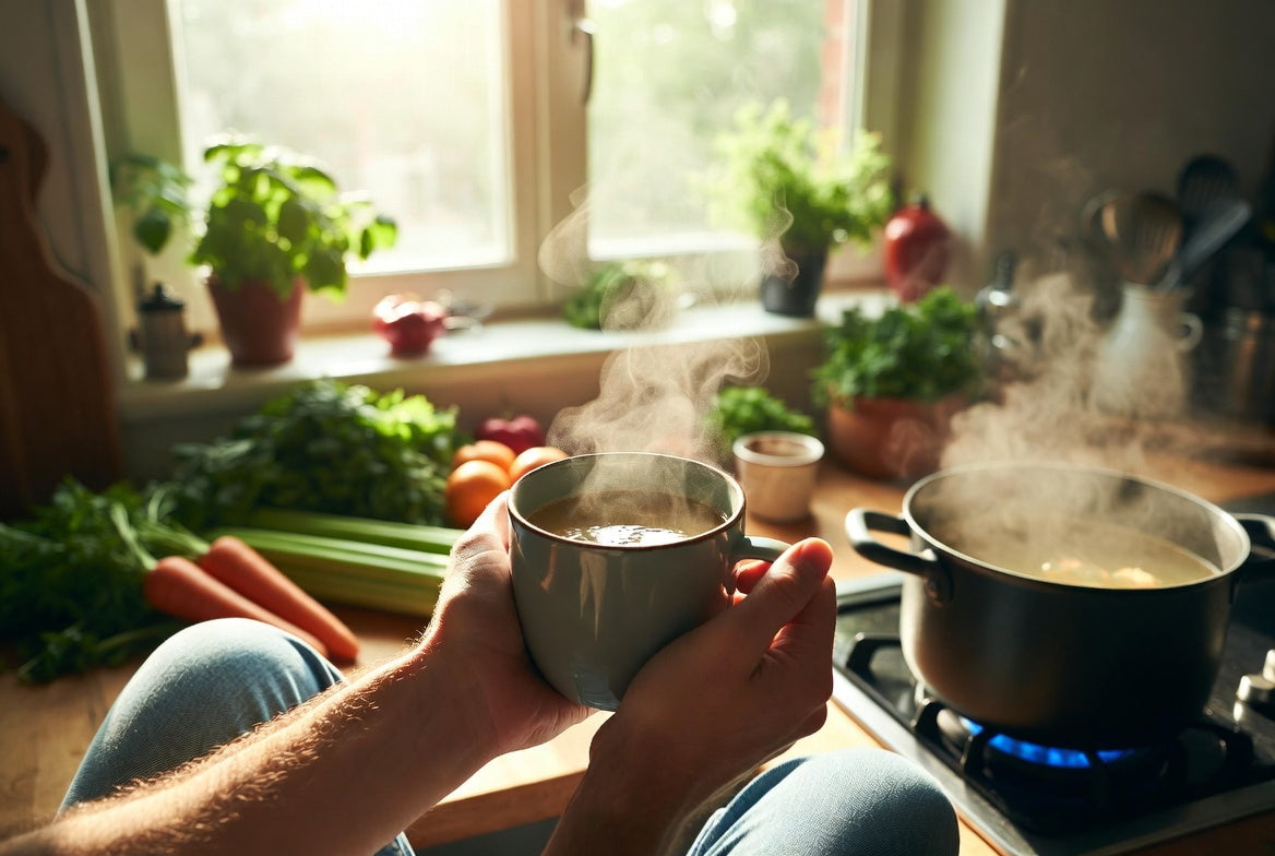 Person holding steaming mug of bone broth beside simmering pot.