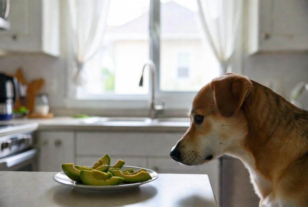 Dog looking at avocado slices on a plate in a bright kitchen