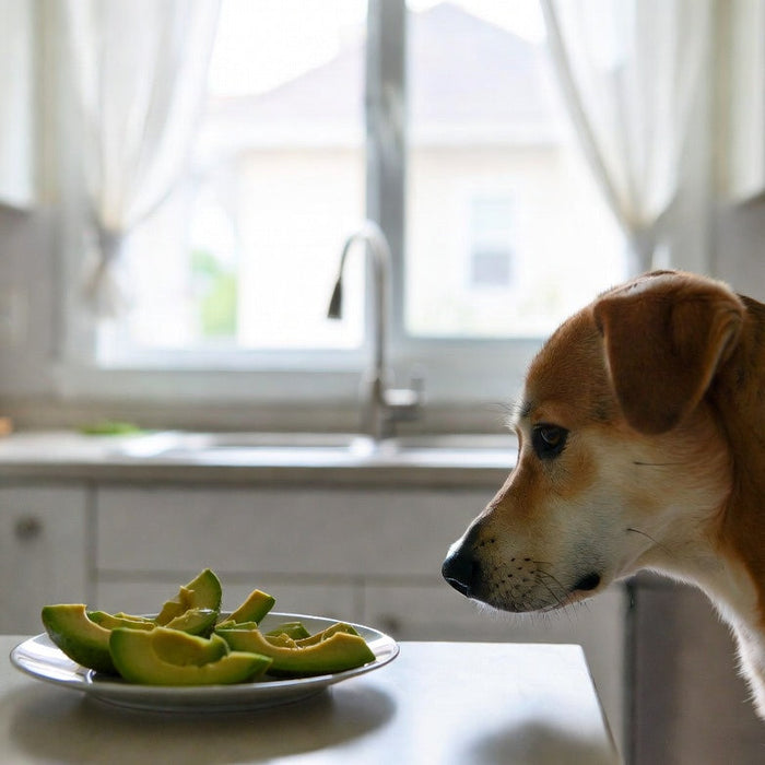 Dog looking at avocado slices on a plate in a bright kitchen