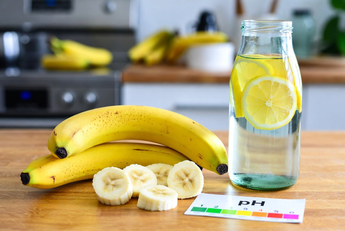 Bananas with lemon water and pH chart on kitchen counter tabletop
