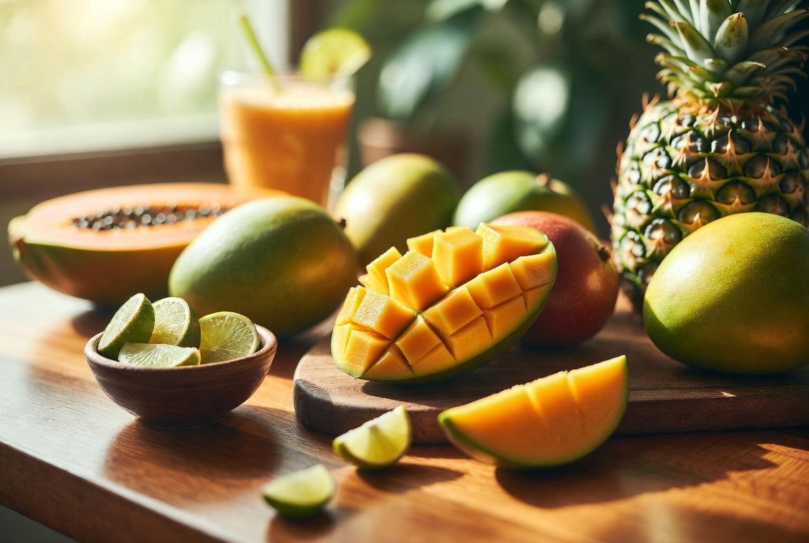 Fresh sliced mango with tropical fruits showing sweet juicy flavor