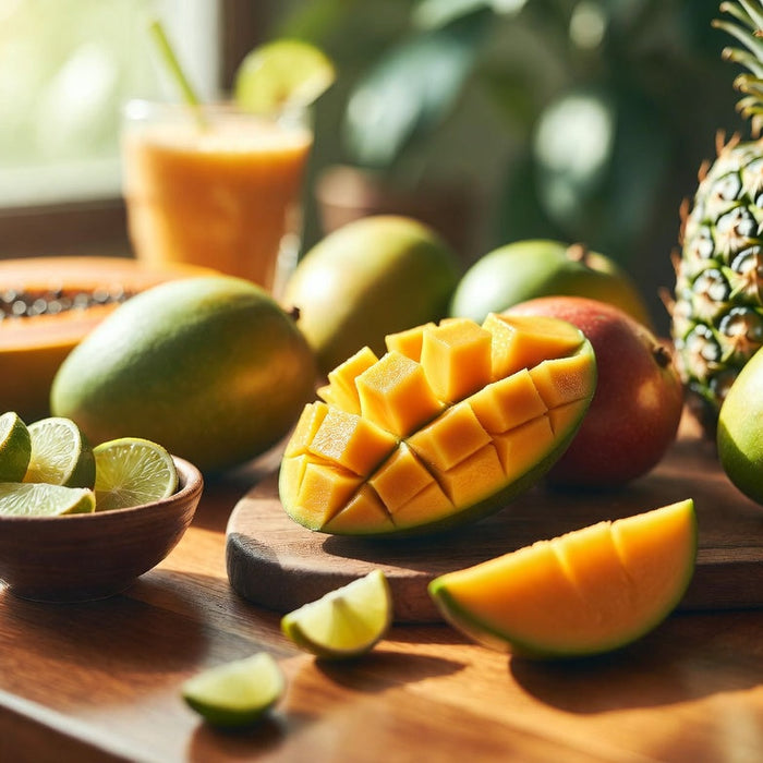 Fresh sliced mango with tropical fruits showing sweet juicy flavor