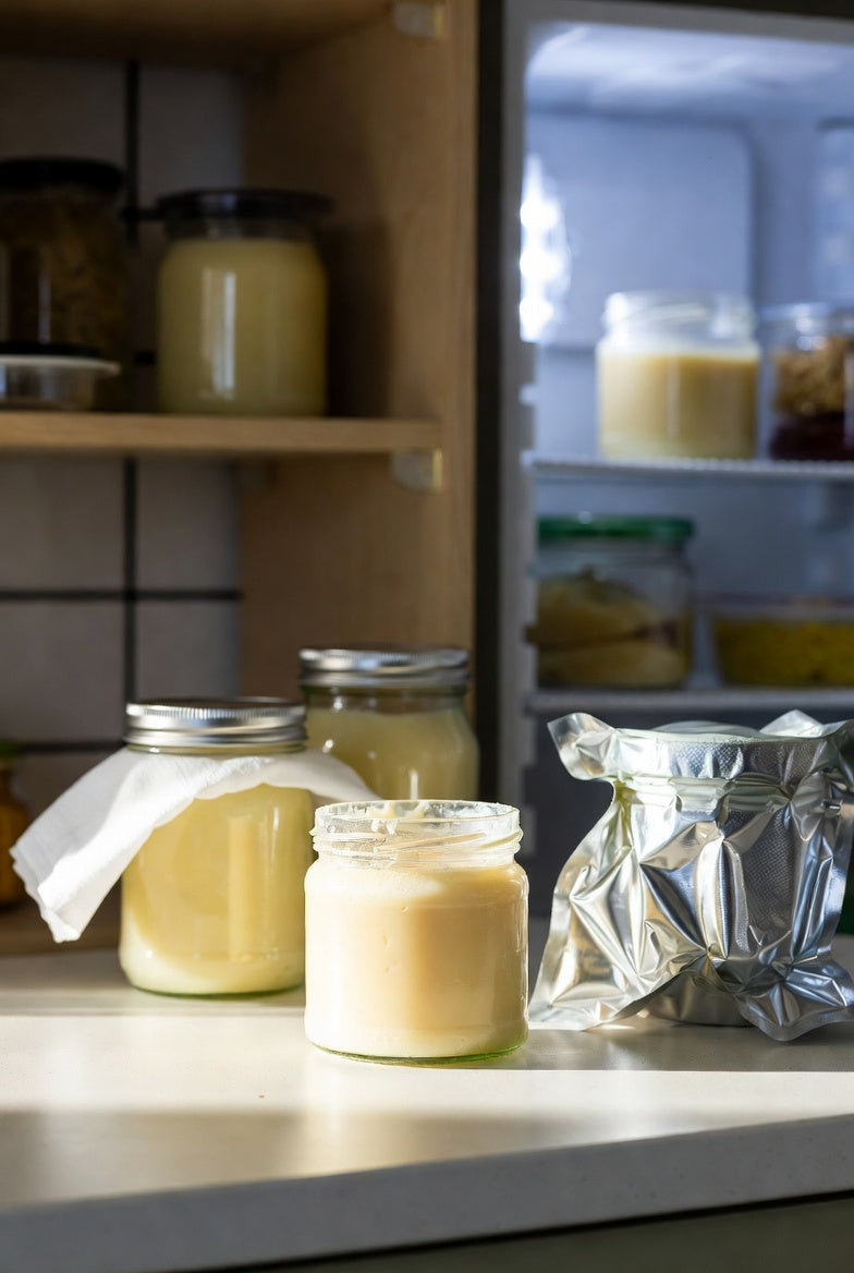 Jars of beef tallow stored on counter beside pantry and fridge jars.
