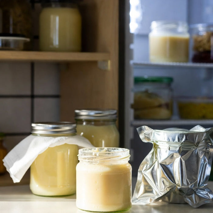 Jars of beef tallow stored on counter beside pantry and fridge jars.
