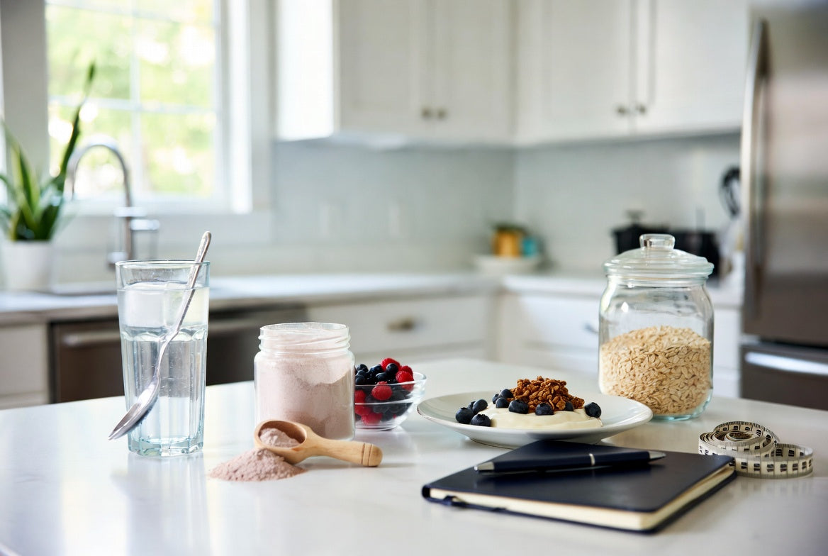 Collagen powder with healthy breakfast and fitness journal on kitchen counter