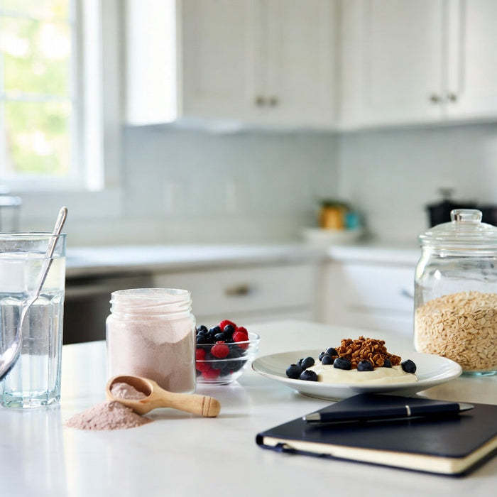 Collagen powder with healthy breakfast and fitness journal on kitchen counter