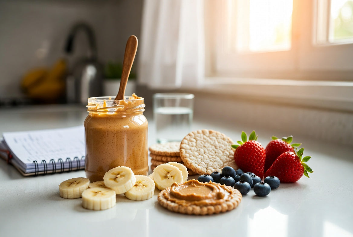 Peanut butter, banana and rice cakes with berries for low FODMAP diet