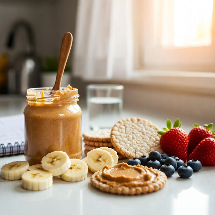 Peanut butter, banana and rice cakes with berries for low FODMAP diet