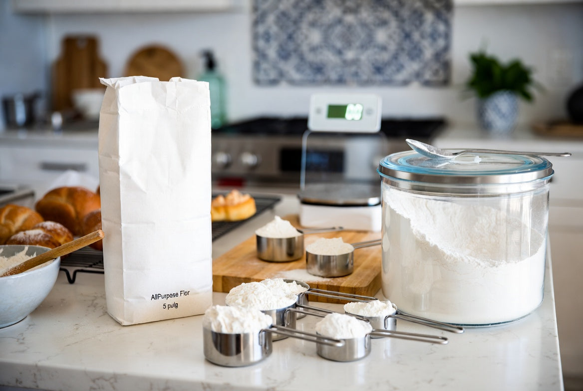 Five-pound flour bag with measuring cups on kitchen baking counter