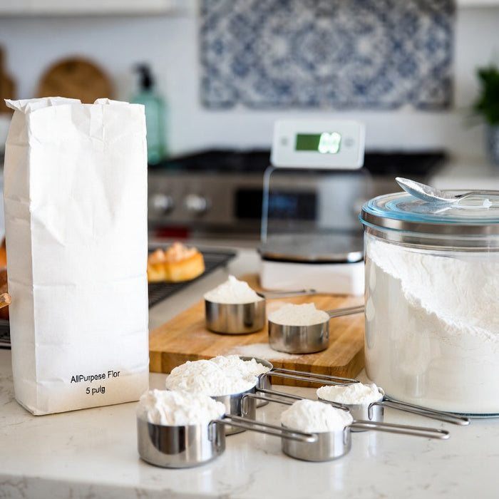 Five-pound flour bag with measuring cups on kitchen baking counter