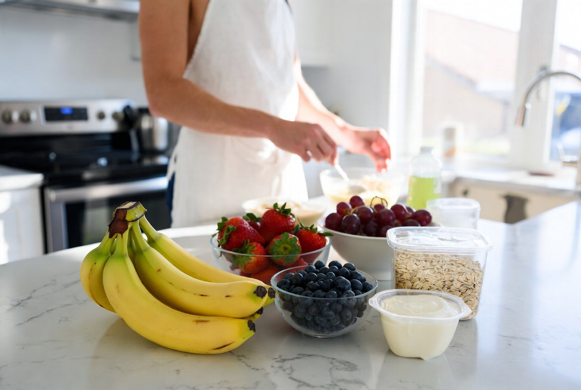 Low FODMAP banana breakfast with yogurt oats and fresh berries indoors