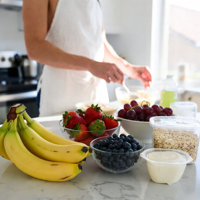 Low FODMAP banana breakfast with yogurt oats and fresh berries indoors