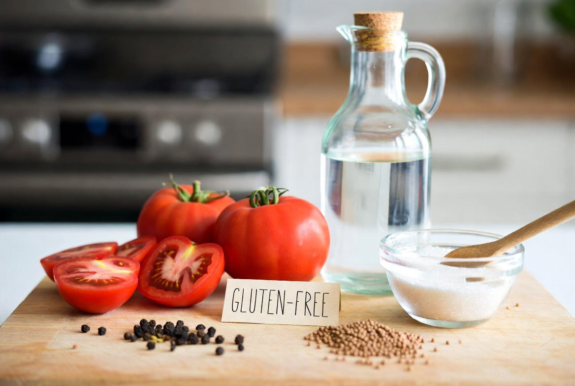 Gluten-free ketchup ingredients with tomatoes and vinegar