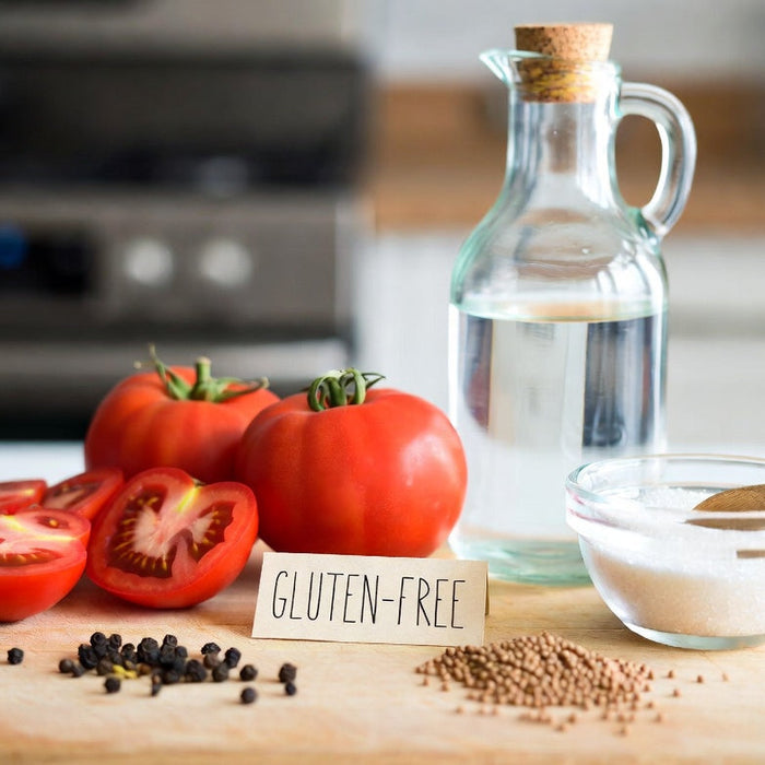 Gluten-free ketchup ingredients with tomatoes and vinegar
