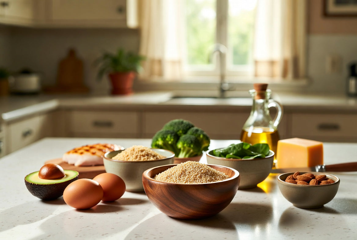 Quinoa bowl with keto foods including avocado, eggs and broccoli.