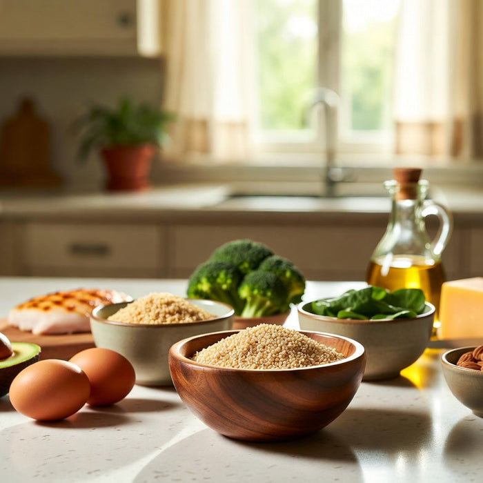 Quinoa bowl with keto foods including avocado, eggs and broccoli.