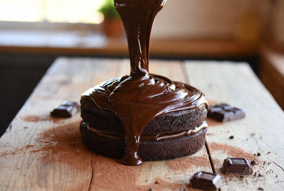 Glossy chocolate ganache pouring over a rich layered chocolate cake