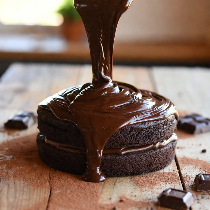 Glossy chocolate ganache pouring over a rich layered chocolate cake