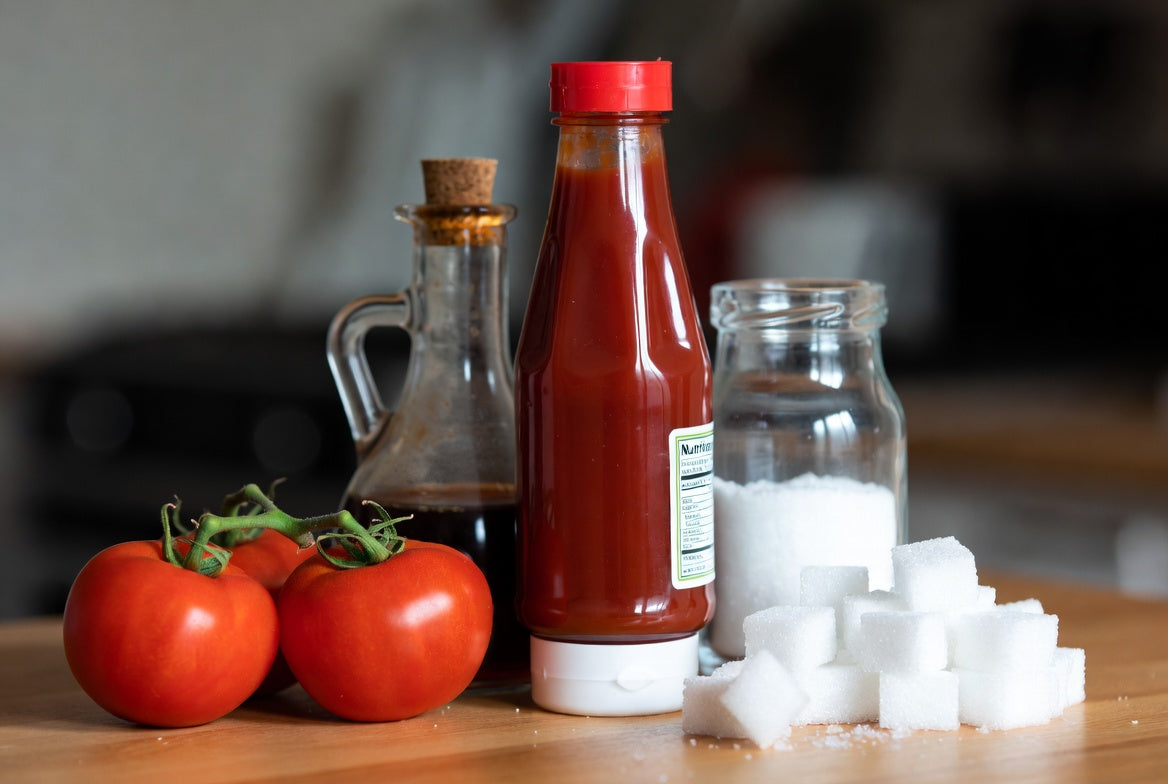 Ketchup bottle with tomatoes, vinegar, sugar jar, and sugar cubes