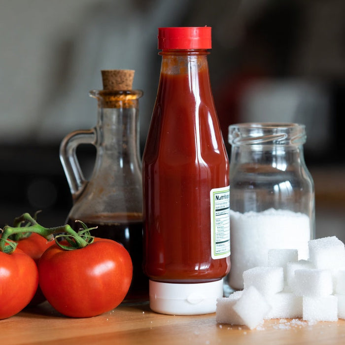 Ketchup bottle with tomatoes, vinegar, sugar jar, and sugar cubes