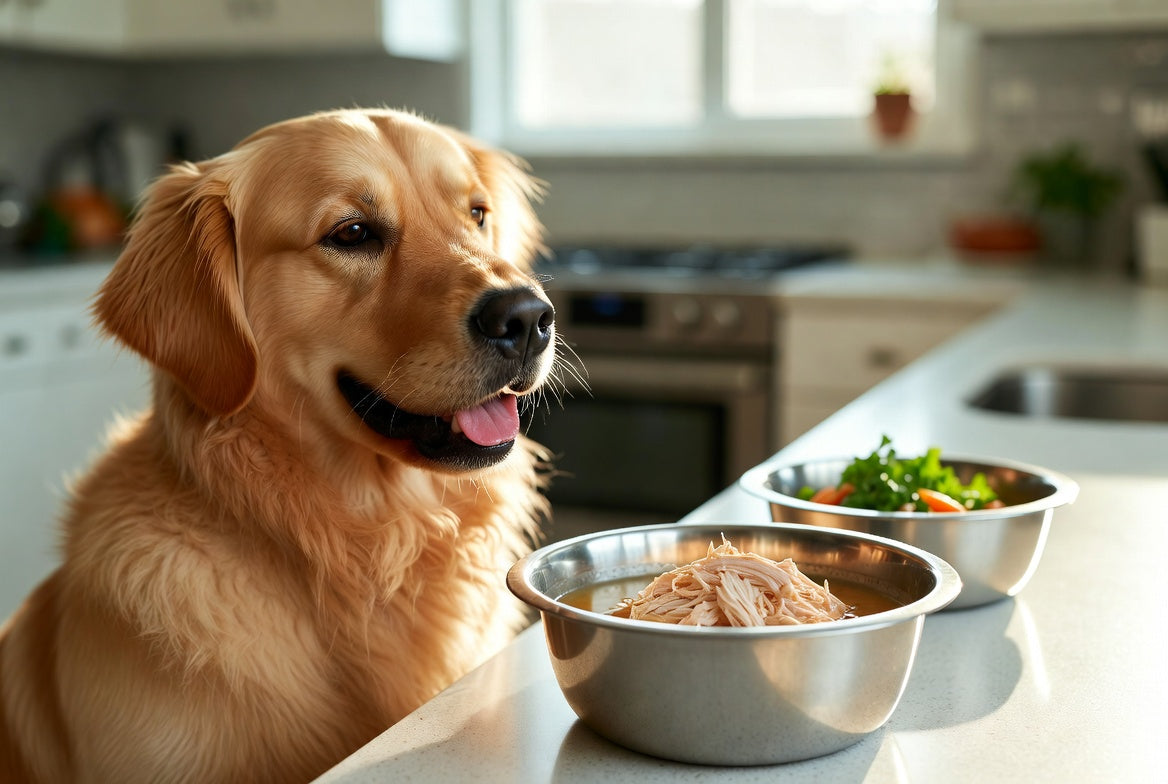 Golden retriever beside bowl of chicken broth and shredded chicken meal