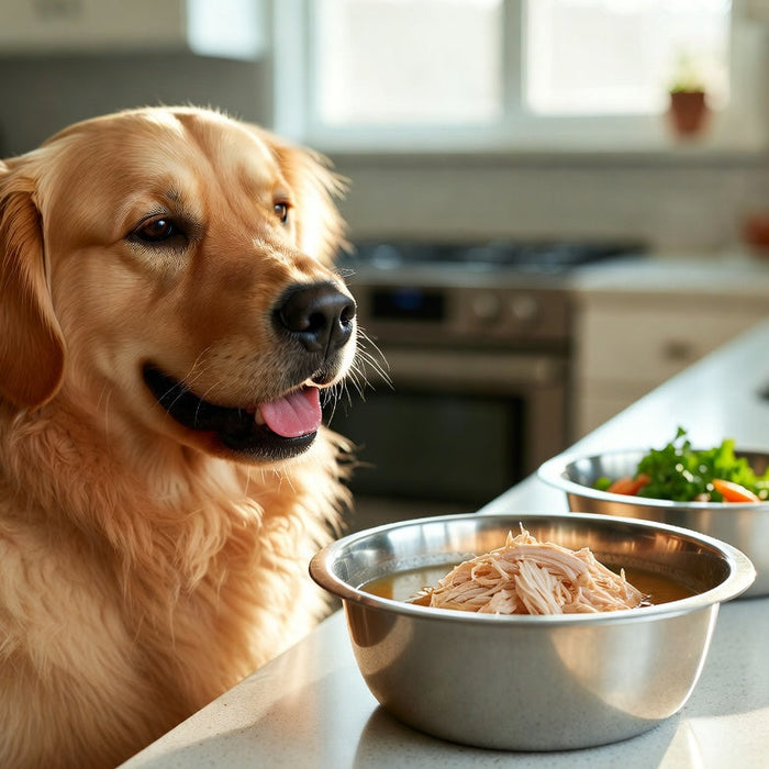 Golden retriever beside bowl of chicken broth and shredded chicken meal